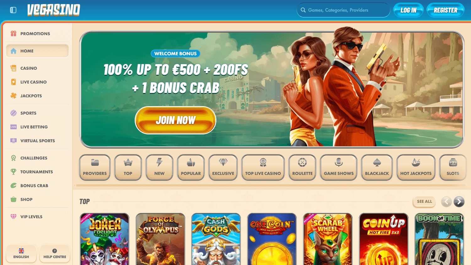 Schermata desktop di Vegasino Casino