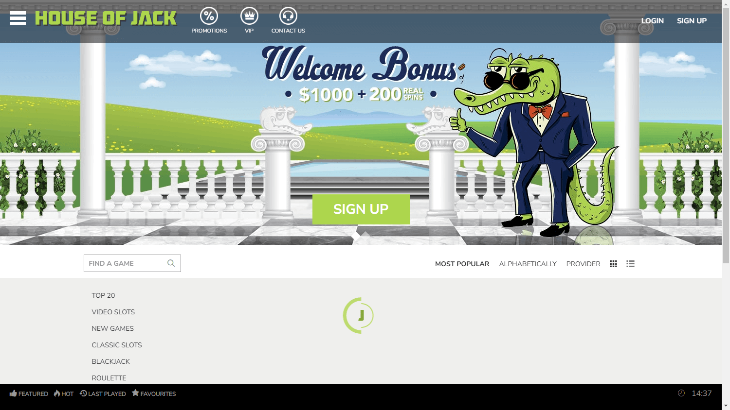 A desktop view of House of Jack Casino's homepage
